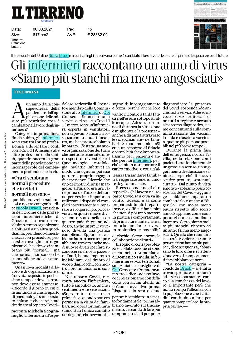 20210306 IL TIRRENO GROSSETO GLI INFERMIERI RACCONTANO UN ANNO DI VIRUS SIAMO PIÙ STANCHI MA MENO ANGOSCIATI 1